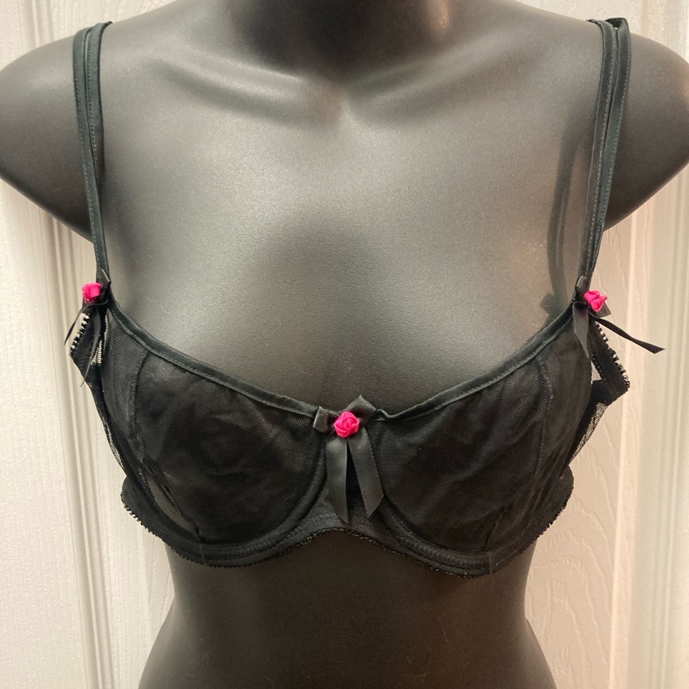 Sheer mesh bra with rose and bow embellishments
